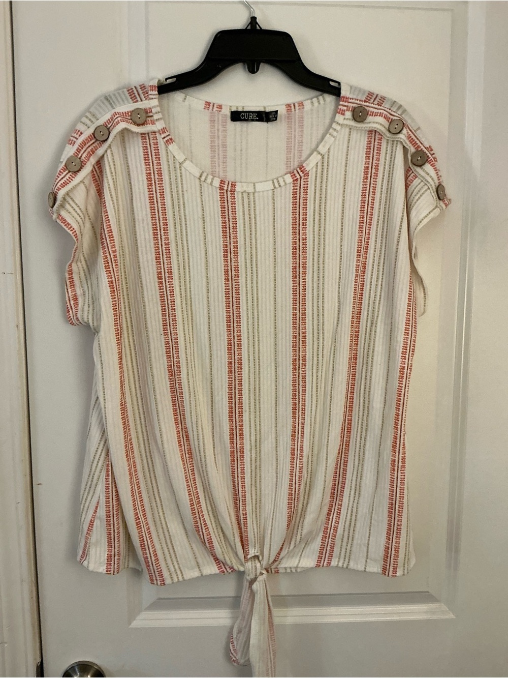 CURE Cream & Red Striped Ribbed Tie-Front Top Size 2XL